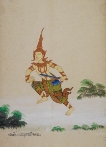 Phralak – the Thai and Lao name of Lakshmana, Rama’s brother – served Rama and Sita reverently and played an important role in the war with Ravana. In the Thai and Lao traditions, he is a symbol of brotherly love, loyalty and commitment. He gave his life in order to protect Rama’s integrity and Ayodhya from an evil curse. This illustration of Phralak is from a folding-book with Thai character drawings including figures from the Ramakien, central Thailand, 19th century. Courtesy of the British Library, Or.14229, f. 29 
